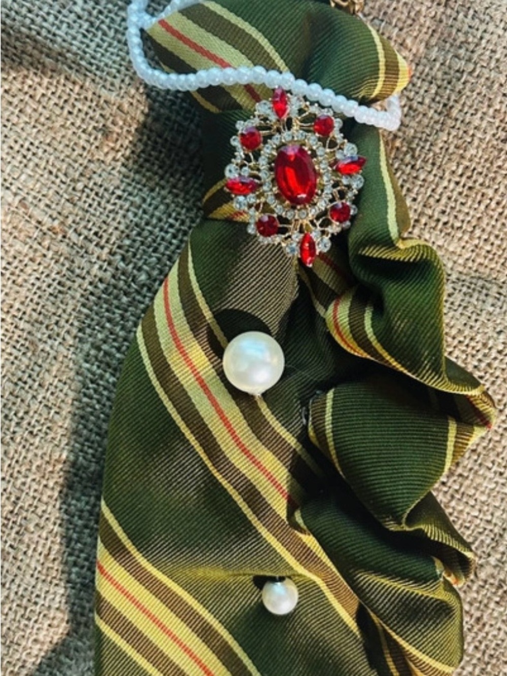 Green Striped necktie necklace  with Red Jewel Broochand pearl pin